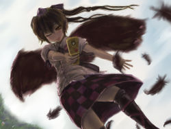 Rule 34 | 1girl, ankle lace-up, black socks, black wings, bow, brown eyes, brown hair, camera phone, cellphone, checkered clothes, checkered skirt, cross-laced footwear, dress shirt, feathers, female focus, hair bow, hat, hiepita (1014), himekaidou hatate, kneehighs, lips, long hair, miniskirt, one eye closed, phone, pointy ears, shirt, skirt, socks, solo, tokin hat, touhou, twintails, wallpaper, wings, wink