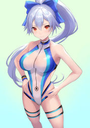 Rule 34 | 1girl, aqua background, bad id, bad pixiv id, blue bow, blue one-piece swimsuit, bow, breasts, competition swimsuit, fate/grand order, fate (series), gradient background, green background, hair between eyes, hair bow, hands on own hips, highleg, highleg swimsuit, large breasts, long hair, looking at viewer, mokyumokyuchan, one-piece swimsuit, ponytail, red eyes, silver hair, simple background, swimsuit, thigh strap, thighs, tomoe gozen (fate), tomoe gozen (swimsuit saber) (fate), tomoe gozen (swimsuit saber) (first ascension) (fate), two-tone swimsuit, very long hair, white one-piece swimsuit