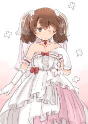 Rule 34 | 1girl, bridal veil, brown eyes, brown hair, choker, collarbone, commentary request, commission, cowboy shot, dress, enjaku izuku, flat chest, frilled dress, frills, gloves, gradient background, highres, kantai collection, long hair, looking at viewer, magatama, one eye closed, ryuujou (kancolle), shikigami, solo, twintails, veil, wedding dress, white choker, white gloves