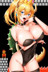 Rule 34 | 1boy, 1girl, :d, :p, armlet, artist request, bare shoulders, black leotard, black thighhighs, blonde hair, blood, blue eyes, blush, borrowed character, bowsette, bracelet, breast hold, breasts, brown horns, cleavage, collar, collarbone, cowboy shot, crown, curvy, earrings, fingernails, gem, giant, giantess, half-closed eyes, hand up, hetero, highres, hip focus, horns, huge breasts, indoors, jewelry, legs, leotard, looking at another, looking at viewer, looking up, mario, mario (series), lava, monster girl, new super mario bros. u deluxe, nintendo, nosebleed, open mouth, pixelated, pointy ears, ponytail, sharp fingernails, sharp teeth, shell, skin tight, smile, spiked armlet, spiked bracelet, spiked collar, spiked shell, spiked tail, spikes, standing, strapless, strapless leotard, super crown, super mario bros. 1, tail, teeth, thick thighs, thighhighs, thighs, tongue, tongue out, turtle shell, wide hips