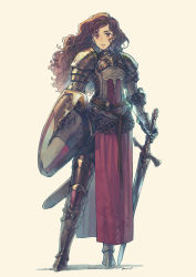 Rule 34 | 1girl, armor, armored boots, belt, boots, breastplate, chainmail, earrings, full armor, full body, gauntlets, highres, jewelry, knight, lips, long hair, looking at viewer, moryo, original, parted lips, pelvic curtain, plate armor, red eyes, red hair, scabbard, sheath, shield, signature, simple background, solo, standing, sword, unsheathed, wavy hair, weapon, white background