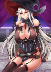 Rule 34 | 10s, 1girl, arm support, bare shoulders, bed, bed sheet, bedroom, black thighhighs, breasts, cleavage, detached sleeves, fingerless gloves, garter straps, gloves, granblue fantasy, hair between eyes, hand on own chest, hat, indoors, large breasts, lips, long hair, looking at viewer, magisa (granblue fantasy), megatama, red eyes, silver hair, smile, solo, thighhighs, window, witch hat