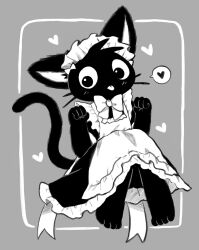 Rule 34 | 1girl, animal ears, animal feet, apron, barefoot, black dress, blush, border, bow, bowtie, cat ears, cat girl, cat tail, clenched hands, closed mouth, dress, feet, female focus, flat chest, frilled apron, frills, full body, furry, furry female, grey background, greyscale, hands up, heart, highres, knees up, light blush, long dress, looking at viewer, maid, monochrome, non nya nya, original, outside border, ribbon, short hair, short sleeves, simple background, sitting, sketch, solo, speech bubble, spoken heart, tail, tail raised, tongue, tongue out, whiskers, white border, wide-eyed