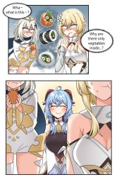 Rule 34 | 3girls, :t, ahoge, bare shoulders, bell, blonde hair, blue hair, breasts, closed eyes, detached sleeves, dress, dulldull, eating, english text, flower, food, ganyu (genshin impact), genshin impact, hair flower, hair ornament, halo, highres, horns, long hair, lumine (genshin impact), medium breasts, multiple girls, neck bell, no gloves, outdoors, paimon (genshin impact), qingxin flower, short hair, smile, sweatdrop, vision (genshin impact), white dress, white flower, white hair