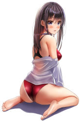 Rule 34 | 1girl, ass, bare legs, black hair, blush, breasts, collared shirt, commentary request, competition swimsuit, feet, full body, hair between eyes, highres, long hair, looking at viewer, medium breasts, one-piece swimsuit, open mouth, original, purple eyes, red one-piece swimsuit, shirt, sidelocks, simple background, sitting, soles, solo, swimsuit, thighs, toes, wariza, white background, white shirt, yukemuriganmo