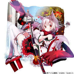 Rule 34 | 1girl, animal ears, border, breasts, copyright notice, detached sleeves, full body, geta, givuchoko, holding, holding sword, holding weapon, inubashiri momiji, leaf, leaf print, looking at viewer, lowres, maple leaf, maple leaf print, medium breasts, open mouth, red eyes, red footwear, red scarf, ribbon-trimmed sleeves, ribbon trim, scarf, sheath, shield, short hair, sideboob, solo, sword, tail, tengu-geta, thighhighs, touhou, tree, water, waterfall, weapon, white border, white hair, white thighhighs, wide sleeves, wolf ears, wolf tail