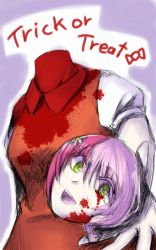 Rule 34 | 1girl, alisa boskonovich, android, blood, breasts, detachable head, green eyes, halloween, highres, looking at viewer, multicolored hair, namco, open mouth, outline, pink hair, purple hair, severed head, simple background, small breasts, smile, solo, teeth, tekken, tongue, trick or treat, two-tone hair, white outline