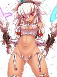 Rule 34 | 1girl, :o, bell, breasts, cat cutout, cat ear panties, cat lingerie, choker, cleavage, cleavage cutout, clothing cutout, cowboy shot, dual wielding, elbow gloves, fake horns, fang, gloves, gluteal fold, hairband, highres, holding, horned headwear, horns, kirin (armor), meme attire, monster hunter (series), navel, navel piercing, neck bell, panties, piercing, red eyes, side-tie panties, solo, stomach, tsukigami chronica, underwear, weapon, white hair