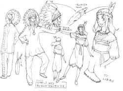 Rule 34 | 00s, 1boy, 1girl, baccano!, dress, feathers, fringe trim, greyscale, holding hands, headdress, hetero, isaac dian, jewelry, lineart, miria harvent, moccasins, monochrome, multiple views, native american, native american clothes, native american headdress, necklace, non-web source, production art, squaw, standing