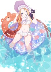 Rule 34 | 1girl, abigail williams (fate), abigail williams (swimsuit), abigail williams (swimsuit foreigner) (fate), abigail williams (swimsuit foreigner) (third ascension) (fate), bare shoulders, bikini, blonde hair, blue eyes, blush, bonnet, bow, breasts, cat, closed mouth, fate/grand order, fate (series), forehead, hair bow, highres, innertube, legs, long hair, looking at viewer, miniskirt, navel, parted bangs, sidelocks, skirt, small breasts, smile, solo, swim ring, swimsuit, tetsu (teppei), twintails, very long hair, water, white bikini, white bow, white headwear