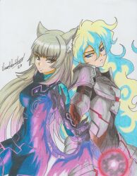 Rule 34 | + +, 2girls, alternate costume, animal ears, antispiral nia, antispiral nia (cosplay), aqua hair, armor, artist name, back-to-back, black bodysuit, blonde hair, bodysuit, breasts, cat ears, cat girl, chakram, core crystal (xenoblade), cosplay, costume switch, crossover, energy, energy ball, glowing, grey hair, groin, highres, holding, holding weapon, m (xenoblade), m (xenoblade) (cosplay), medium breasts, multicolored hair, multiple girls, navel, nia teppelin, pointing weapon, ravernclouk design, simple background, skin tight, tengen toppa gurren lagann, traditional media, two-tone hair, weapon, white background, xenoblade chronicles (series), xenoblade chronicles 3, yellow eyes