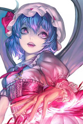 Rule 34 | 1girl, adapted costume, alternate costume, aritoki ritsu, ascot, bat wings, black wings, blue hair, dress, fangs, fingernails, hat, hat ribbon, lips, long fingernails, looking up, mob cap, nail, open mouth, pink dress, pink eyes, puffy sleeves, remilia scarlet, ribbon, sharp fingernails, short hair, short sleeves, simple background, smile, solo, touhou, white background, wings, wrist cuffs