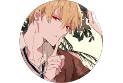 Rule 34 | 1boy, blonde hair, brown coat, circle, coat, collar, collared shirt, earrings, fate/grand order, fate (series), finger to mouth, gilgamesh (fate), hair between eyes, highres, jewelry, leaf, looking at viewer, male focus, necklace, outside border, red eyes, round image, shirt, short hair, shu (oshigoto boshuuchuu), shushing, simple background, single earring, solo, solo focus, split mouth, stud earrings, white shirt