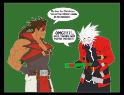Rule 34 | 2boys, :d, arc system works, belt, blazblue, brown hair, english text, gift, gloves, guilty gear, hands in pockets, headband, heterochromia, long hair, male focus, multiple boys, muscular, open mouth, parody, ponytail, ragna the bloodedge, short hair, smile, sol badguy, spiked hair, the shadow, white hair, yellow eyes