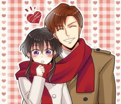 Rule 34 | 1boy, 1girl, black hair, blush, brown hair, coat, couple, closed eyes, fire emblem, fire emblem: genealogy of the holy war, futatsuki (perfect lovers), heart, iuchar (fire emblem), larcei (fire emblem), lips, long sleeves, nintendo, purple eyes, scarf, shared clothes, shared scarf, short hair, smile