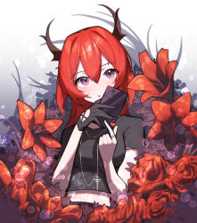 Rule 34 | 1girl, absurdres, arknights, beudelb, black gloves, black shirt, blurry, bokeh, cellphone, depth of field, flower, gloves, hair between eyes, heart, highres, horns, jewelry, lily (flower), looking at viewer, navel, necklace, parted lips, phone, purple eyes, red hair, ring, rose, shirt, short sleeves, single glove, slit pupils, solo, surtr (arknights), upper body