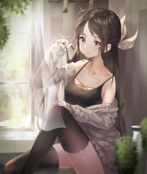 Rule 34 | 1girl, bad id, bad twitter id, black hair, black shirt, black thighhighs, bow, breasts, brown eyes, cardigan, cleavage, collarbone, curtains, grey cardigan, hair bow, hand on own knee, highres, holding, holding own hair, indoors, kinty, long hair, looking at viewer, medium breasts, off shoulder, open cardigan, open clothes, open mouth, original, shiny clothes, shiny skin, shirt, sitting, sleeveless, sleeveless shirt, solo, thighhighs, transparent, very long hair, white bow