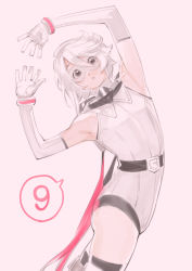 Rule 34 | 1girl, arched back, arms up, black thighhighs, blush, bukimi isan, commentary request, elbow gloves, gloves, goggles, grey hair, hair between eyes, highres, leaning back, leotard, looking at viewer, mask, pink background, short hair, shy (character), shy (series), simple background, solo, teeth, thighhighs, white background, white gloves, white leotard, white thighhighs