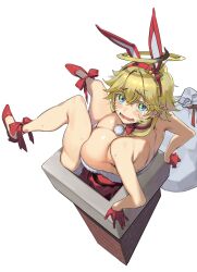 Rule 34 | 1girl, ahoge, animal ears, ankle ribbon, blonde hair, blue eyes, breasts, chimney, cleavage, commentary, gloves, halo ahoge, high heels, highres, large breasts, leg ribbon, nonco, original, rabbit ears, red footwear, red gloves, red ribbon, ribbon, sack, santa costume, solo, white background