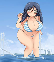 Rule 34 | 1girl, belly, bikini, blue hair, breasts, bridge, brown eyes, cleavage, day, giant, giantess, glasses, huge breasts, long hair, looking at viewer, mikomu, original, plump, smile, solo, striped bikini, striped clothes, swimsuit, thighs, water
