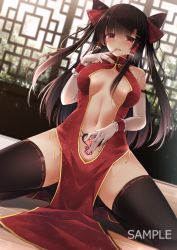 Rule 34 | 1girl, alternate costume, bare shoulders, black thighhighs, blunt bangs, bow, breasts, china dress, chinese clothes, double bun, dress, elbow gloves, finger to mouth, gloves, hair bow, hair bun, hair tubes, hakurei reimu, hand up, highres, indoors, knees apart feet together, large breasts, long hair, looking at viewer, navel, no bra, pelvic curtain, pubic tattoo, red bow, red dress, ribbon-trimmed legwear, ribbon trim, sample watermark, smile, solo, squatting, sweat, tattoo, thighhighs, touhou, toyosaki shu, two side up, watermark, white gloves, window, wrist cuffs