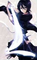 Rule 34 | 1girl, absurdres, black hair, black kimono, bleach, hair between eyes, highres, holding, holding sword, holding weapon, japanese clothes, kimono, kuchiki rukia, long sleeves, looking at viewer, parted lips, purple eyes, sandals, short hair, socks, solo, sword, unf (unotfound 404), weapon, wide sleeves, zouri