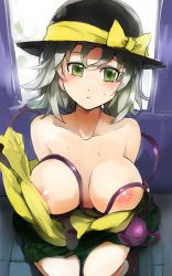 Rule 34 | 1girl, alternate breast size, bare shoulders, breasts, commentary request, green eyes, green skirt, grey hair, hat, highres, komeiji koishi, large breasts, looking at viewer, nipples, no bra, sinzan, skirt, solo, sweat, third eye, touhou