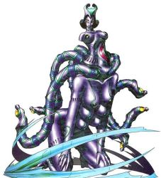 Rule 34 | breasts, extra breasts, extra eyes, kazuma kaneko, looking at viewer, official art, shin megami tensei, simple background, smile, soul hackers, tiamat (shin megami tensei), what, yellow eyes