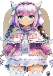 Rule 34 | 1girl, absurdres, ainu clothes, blue eyes, blunt bangs, dragon girl, dragon horns, dress, expressionless, hatano kiyoshi, highres, horns, kanna kamui, kobayashi-san chi no maidragon, pink dress, purple hair, solo, straight-on, thighhighs, zettai ryouiki