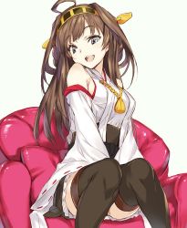 Rule 34 | 1girl, ahoge, bad id, bad twitter id, bare shoulders, boots, brown hair, detached sleeves, double bun, grey eyes, hair bun, hairband, headgear, japanese clothes, kantai collection, kawata hisashi, kongou (kancolle), long hair, nontraditional miko, open mouth, ribbon-trimmed sleeves, ribbon trim, sitting, skirt, smile, solo, thigh boots, thighhighs