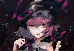 Rule 34 | 1girl, :d, asuzemu, black background, bug, butterfly, commentary request, grey hat, hair between eyes, hands up, hat, insect, looking at viewer, mob cap, open mouth, pink hair, portrait, red eyes, saigyouji yuyuko, short hair, smile, solo, touhou, triangular headpiece