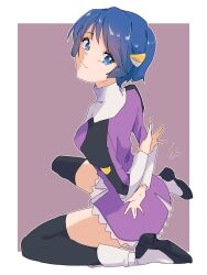 Rule 34 | 1girl, black thighhighs, blue eyes, blue hair, closed mouth, full body, hair ornament, hairclip, highres, long sleeves, looking at viewer, scheris adjani, scryed, short hair, skirt, smile, solo, thighhighs, tricotroom, uniform