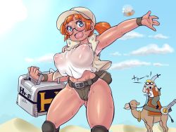 Rule 34 | 1boy, 1girl, :d, absurdres, binoculars, blue eyes, breasts, brown hair, camel, camera, covered erect nipples, cowboy shot, desert, fio germi, glasses, hat, highres, inverted nipples, knee pads, large breasts, marco rossi, mars people, metal slug, micro shorts, minami aomori, no bra, open mouth, outdoors, ponytail, revealing clothes, shiny skin, shorts, smile, snk, sweat, sword, tan, tanline, thick thighs, thighs, ufo, vest, weapon