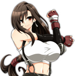 Rule 34 | 1girl, absurdres, breasts, brown eyes, brown hair, commentary request, crop top, earrings, elbow gloves, final fantasy, final fantasy vii, final fantasy vii remake, fingerless gloves, gloves, highres, huge breasts, jewelry, kouzuki (shangorilla), long hair, looking at viewer, midriff, muscular, muscular female, navel, red gloves, simple background, smile, solo, stretching, suspenders, swept bangs, tank top, tifa lockhart, upper body, white tank top