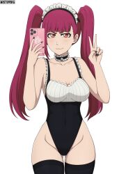 Rule 34 | 1girl, absurdres, bell, black leotard, black nails, black thighhighs, bleach, blush, breasts, cellphone, choker, cleavage, closed mouth, collarbone, covered navel, curvy, dokugamine riruka, frilled choker, frilled leotard, frills, highleg, highleg leotard, highres, iphone, large breasts, leotard, long hair, looking at viewer, maid headdress, mistowing, nail polish, neck bell, orange eyes, phone, purple hair, simple background, smartphone, smile, solo, standing, thighhighs, tsundere, twintails, v, white background, wide hips