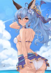 Rule 34 | 1girl, absurdres, adjusting clothes, adjusting swimsuit, animal ears, arm up, ass, back, bikini, bikini skirt, blue hair, blue ribbon, blue sky, bracelet, brown eyes, closed mouth, cloud, cloudy sky, commentary request, cowboy shot, day, ferry (granblue fantasy), ferry (summer) (granblue fantasy), flower, from behind, granblue fantasy, hair flower, hair ornament, hair ribbon, hand in own hair, highres, holding, jewelry, long hair, looking at viewer, looking back, outdoors, pm tii (matuko1024), ponytail, ribbon, sky, smile, solo, standing, swimsuit, wading, water drop, white bikini