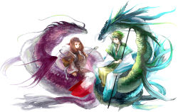 Rule 34 | 1boy, 1girl, artist name, brown hair, capelet, dragon, fangs, fantasy, green hair, holding, holding weapon, icelog, long hair, looking at another, low twintails, monster, original, polearm, red eyes, robe, rod, scales, simple background, sitting, smile, staff, tiara, twintails, weapon, white background