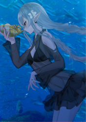 Rule 34 | 1girl, absurdres, animal, arknights, bare shoulders, bikini, bikini under clothes, braid, breasts, cleavage, cleavage cutout, closed mouth, clothing cutout, cowboy shot, crab, earrings, flower, grey hair, hair flower, hair ornament, highres, holding, holding animal, jewelry, leaning forward, long hair, long sleeves, naruse azusa, navel, official alternate costume, outdoors, pointy ears, red eyes, school of fish, see-through, shoulder cutout, small breasts, smile, solo, swimsuit, swimsuit cover-up, twin braids, underwater, very long hair, warfarin (arknights), warfarin (casual vacation) (arknights), white flower