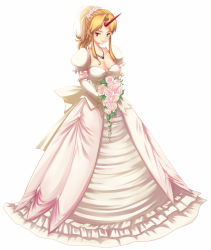 Rule 34 | 1girl, blonde hair, bouquet, breasts, bride, dress, elbow gloves, female focus, flower, gloves, horns, hoshiguma yuugi, jewelry, necklace, oni, red eyes, simple background, single horn, solo, tdk, touhou, wedding dress
