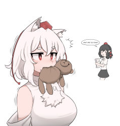 Rule 34 | 2girls, bare shoulders, black skirt, breasts, bright pupils, chewing, commentary, detached sleeves, english commentary, english text, hat, highres, inubashiri momiji, large breasts, mata (matasoup), multiple girls, pom pom (clothes), red eyes, red headwear, shameimaru aya, shirt, simple background, skirt, speech bubble, stuffed animal, stuffed toy, teddy bear, tokin hat, touhou, white background, white pupils, white shirt