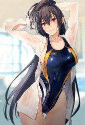 Rule 34 | 1girl, arms up, black hair, blue one-piece swimsuit, breasts, brown eyes, collarbone, competition swimsuit, cowboy shot, hand in own hair, highres, jacket, kantai collection, kasumi (skchkko), large breasts, long hair, looking at viewer, nagato (kancolle), one-piece swimsuit, open clothes, open jacket, pool, smile, swimsuit, wet, wet clothes, wet swimsuit, white jacket
