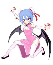 Rule 34 | 1girl, alternate costume, bat wings, blue hair, blush, breasts, bridal gauntlets, china dress, chinese clothes, cleavage, cleavage cutout, clothing cutout, dress, fang, fkey, full body, looking at viewer, open mouth, red eyes, remilia scarlet, short hair, side slit, simple background, solo, thighhighs, touhou, wings