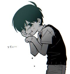 Rule 34 | 1boy, collared shirt, crying, from side, highres, male focus, menma (enaic31), monochrome, omori, pants, shirt, short hair, short sleeves, simple background, solo, sunny (omori), sweater vest, tears, translation request, white background