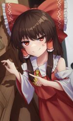 Rule 34 | 1girl, anger vein, ascot, bow, brown hair, closed mouth, commentary request, detached sleeves, hair bow, hair tubes, hakurei reimu, highres, looking at viewer, medium hair, red bow, red eyes, red shirt, red vest, shirt, sidelocks, smile, solo, touhou, vest, yellow ascot, yosshy