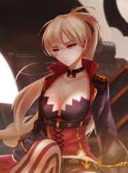 Rule 34 | 1girl, azur lane, belt, blonde hair, blurry, breasts, character name, choker, cleavage, collarbone, depth of field, earrings, flag, highres, jean bart (azur lane), jewelry, long hair, long sleeves, ponytail, red eyes, single thighhigh, skull, skyde kei, smoke, solo, striped clothes, striped thighhighs, thighhighs, twitter username, vertical-striped clothes, vertical-striped thighhighs