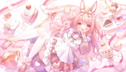 Rule 34 | 1girl, :d, animal ears, apron, blush, bow, brown bow, brown dress, cake, cake slice, commentary request, crown, cup, dress, food, fork, full body, hair bow, hand to own mouth, heart, highres, holding, holding food, indie virtual youtuber, knees together feet apart, long hair, long sleeves, looking at viewer, mini crown, mousse (food), omochi monaka, open mouth, pink eyes, pink footwear, pink hair, puffy long sleeves, puffy sleeves, rabbit, rabbit ears, shoes, smile, solo, spoon, strawberry shortcake, teacup, thighhighs, tiered tray, two side up, ureha mimi, virtual youtuber, white apron, white thighhighs