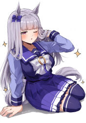 Rule 34 | 1girl, absurdres, animal ears, blush, bow, breasts, commentary request, ear bow, gold ship (umamusume), grey hair, highres, horse ears, horse girl, horse tail, large breasts, long hair, long sleeves, mare ma, one eye closed, open mouth, pleated skirt, purple bow, purple eyes, purple serafuku, purple shirt, purple skirt, purple thighhighs, sailor collar, school uniform, serafuku, shirt, simple background, sitting, skirt, solo, sparkle, tail, thighhighs, tracen school uniform, umamusume, white background, white bow, winter uniform, yokozuwari