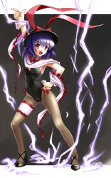 Rule 34 | 1girl, :d, alternate costume, arm up, armpits, black pantyhose, blue hair, bow, breasts, bridal garter, cross-laced footwear, detached collar, electricity, fake tail, female focus, fingernails, frills, full body, grey pantyhose, hand on own hip, happy, hat, hat bow, hat ribbon, high heels, highleg, highleg leotard, katahira masashi, legs apart, leotard, long fingernails, looking at viewer, nagae iku, necktie, open mouth, outside border, pantyhose, playboy bunny, pointing, purple hair, rabbit tail, red eyes, ribbon, saturday night fever, shawl, shoes, short hair, sideboob, simple background, smile, solo, standing, strapless, tail, touhou, wrist cuffs