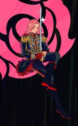 Rule 34 | 1girl, black footwear, black pants, boots, expressionless, closed eyes, full body, gloves, highres, holding, holding sword, holding weapon, invisible chair, long hair, long sleeves, pants, pimientosdulces, pink hair, red gloves, shoujo kakumei utena, single glove, sitting, solo, sparkle, sword, tenjou utena, weapon