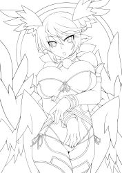 Rule 34 | 1girl, :o, absurdres, areola slip, blonde hair, bracelet, breasts, covered erect nipples, elbow gloves, gloves, greyscale, head wings, highres, jewelry, large breasts, lilith (shinrabanshou), lineart, monochrome, open mouth, panties, pointy ears, shinrabanshou, short hair, side-tie panties, solo, transparent background, underwear, wings, zin, zin (goraku hiroba)
